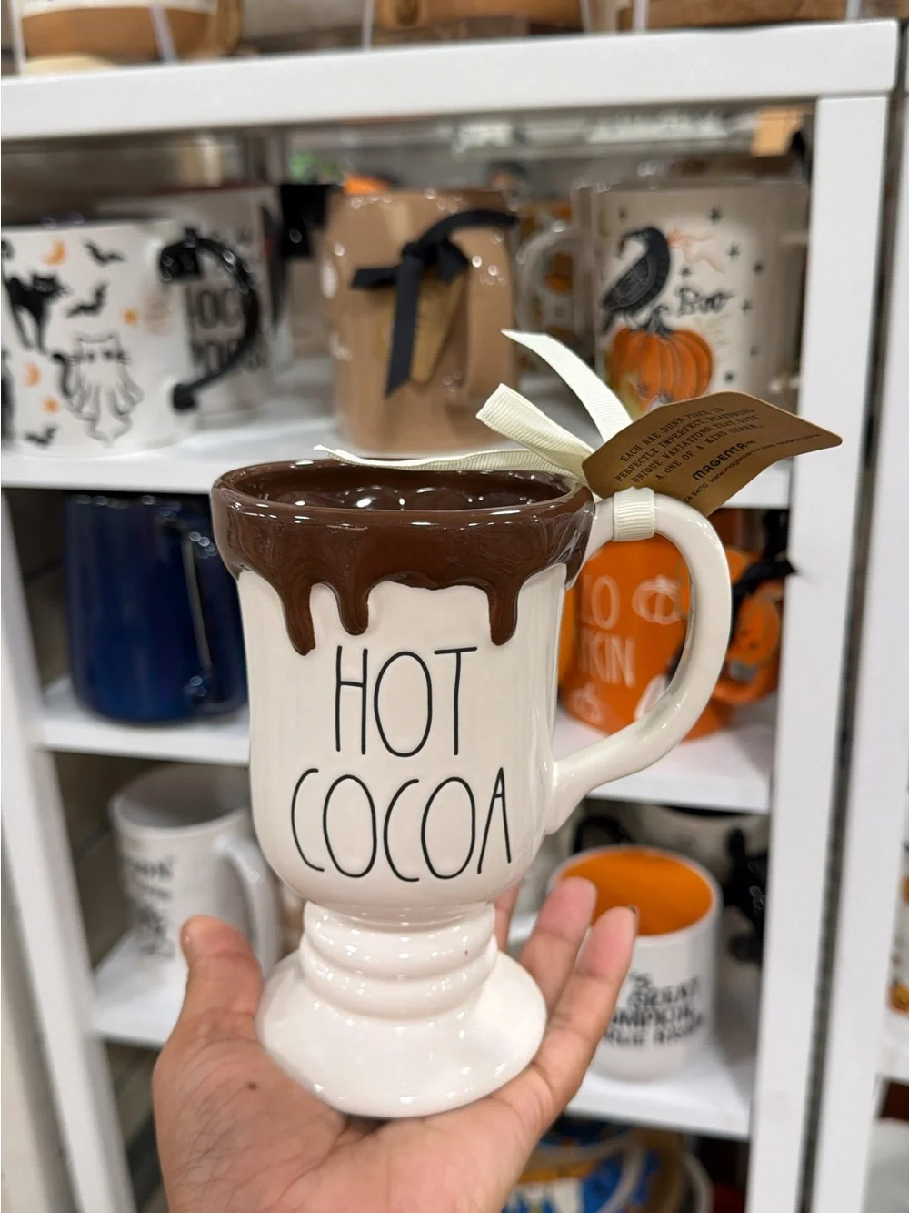 Hot Cocoa Ceramic Mug with Drip Accent - White and Brown